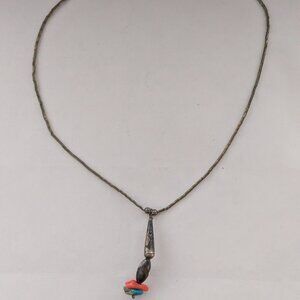 Vintage Native Tribal 925 Liquid Silver Beaded Coral Turquoise Artisan Necklace